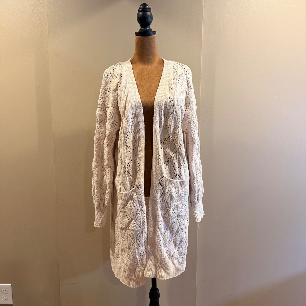 No Boundaries Duster Cardigan Women M Cream Pointelle Knit Boho Cottagecore Fall